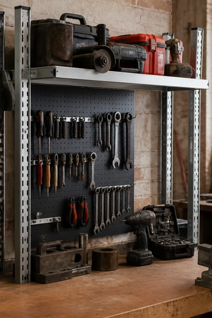 Workbench wall with steel rail shelf and pegboard side panels holding tools and parts