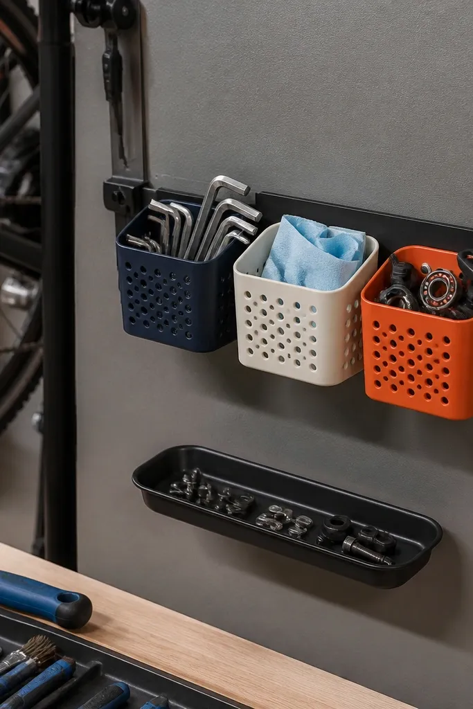 Bike repair wall station with mini baskets and labeled tools in matching colors