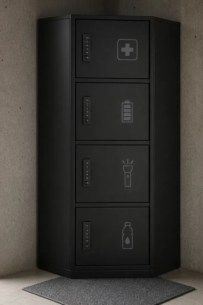 Matte black locker cabinet in the garage corner with labeled bins inside