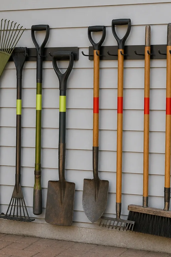 Garden tools hung with colored bands and labels separating lawn and yard categories