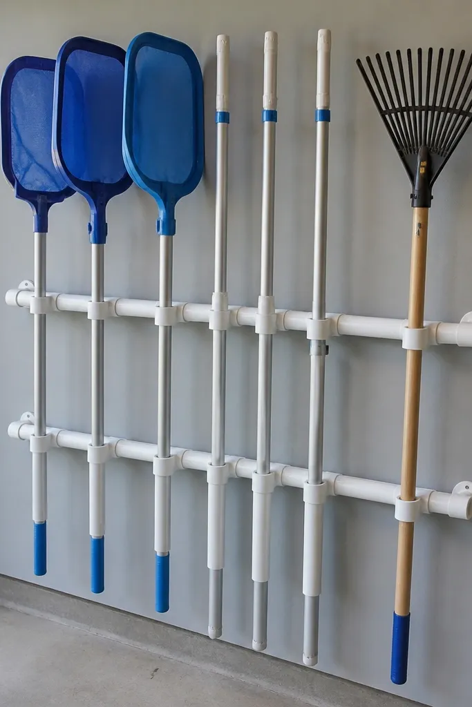 White PVC pipe rack with labeled holders for extension poles and long attachments