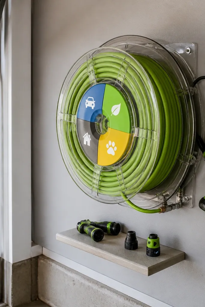 Wall hose reel with labeled hose spools and a tidy landing area