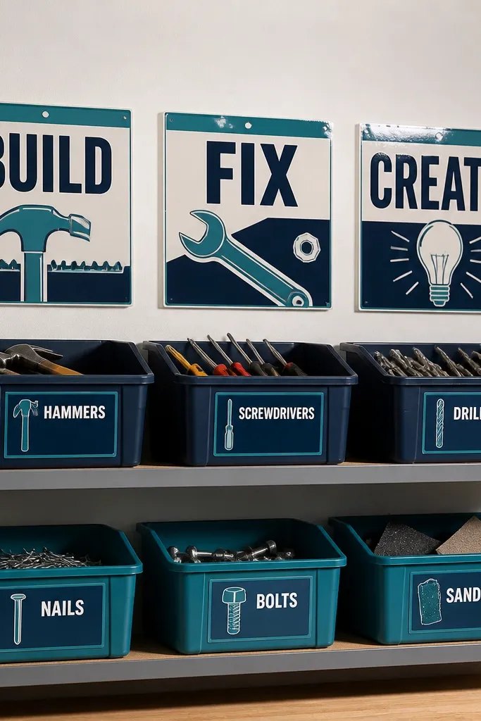 Laminated labels on bins and shelves with bold word-art style zone names