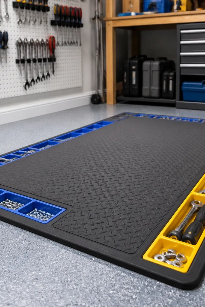 Garage floor work mat with color-coded trays for tools and fasteners