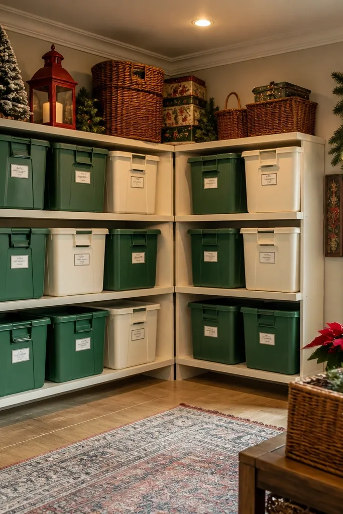 Corner shelves with matching bins and label faces for holiday storage