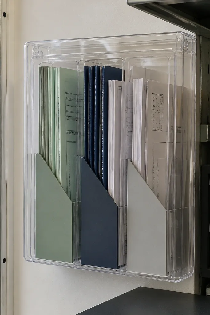 Clear document box file with labeled dividers for manuals and warranty cards