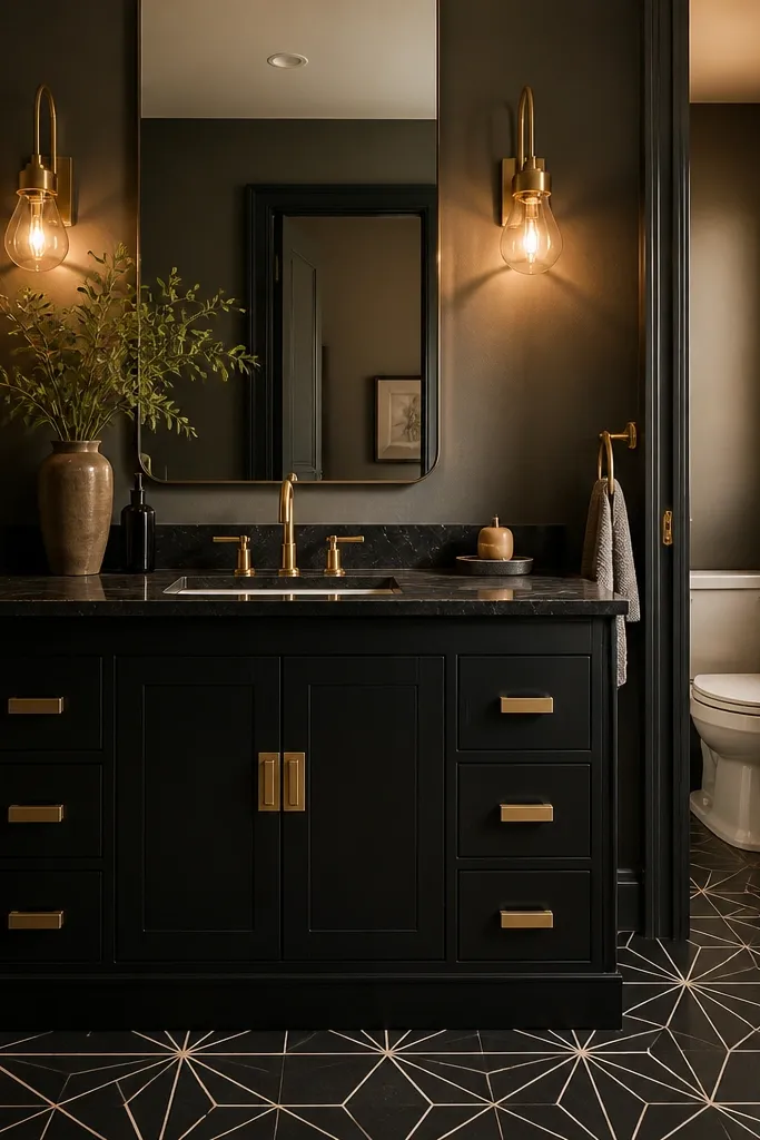 Black vanity with brass pulls and a geometric mirror above a dark tile floor