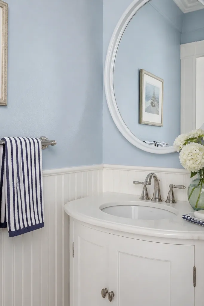 Light blue walls with white beadboard, a white vanity, and a round mirror