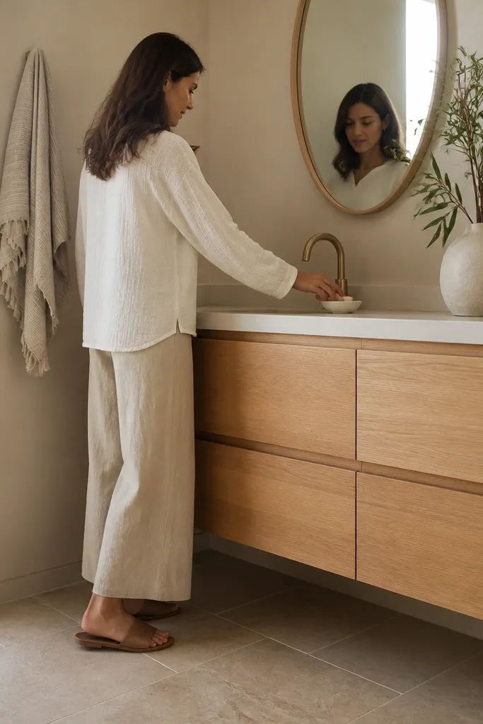 Light wood vanity, warm beige walls, stone-look tile floor, and a minimal rectangular mirror
