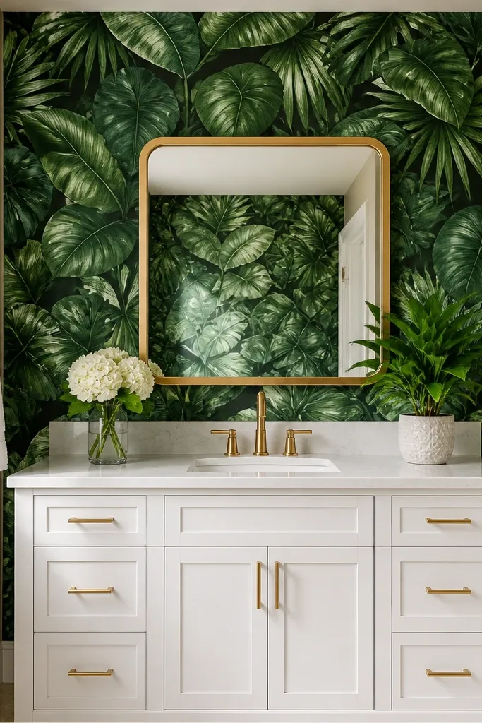 Muted green leaf wallpaper on the back wall with a white vanity and gold-toned mirror