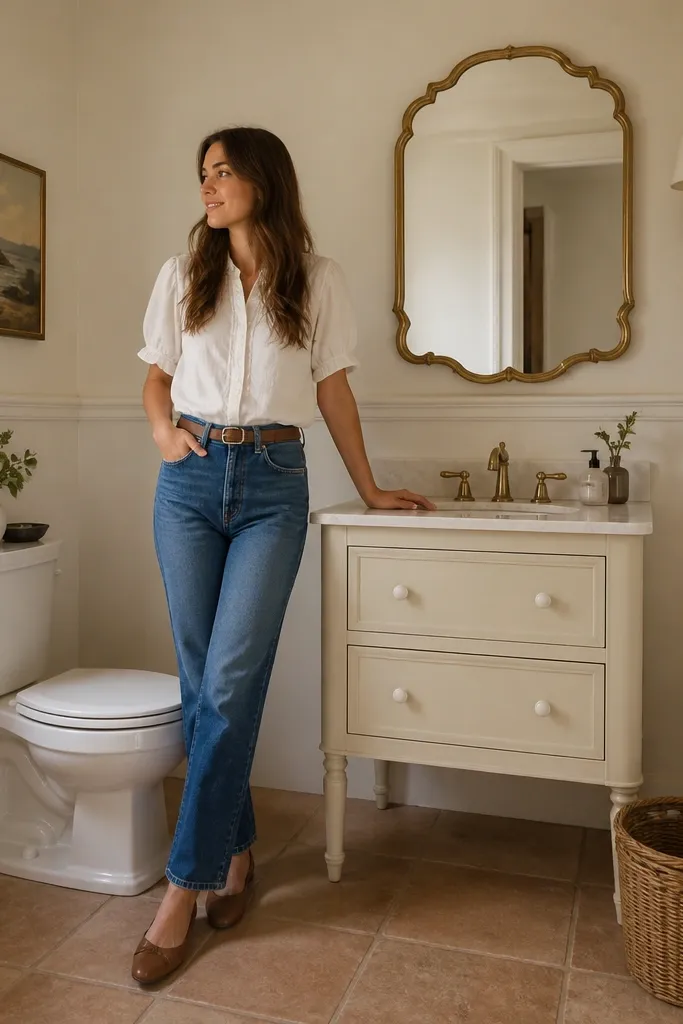 Cream walls with white wainscot, a cream vanity, and a scalloped white mirror