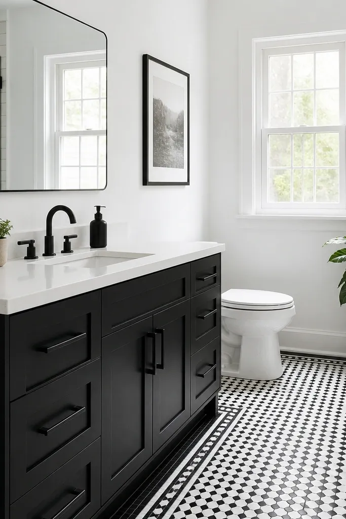 Black-and-white checkered floor, white walls, black vanity, and a simple round mirror