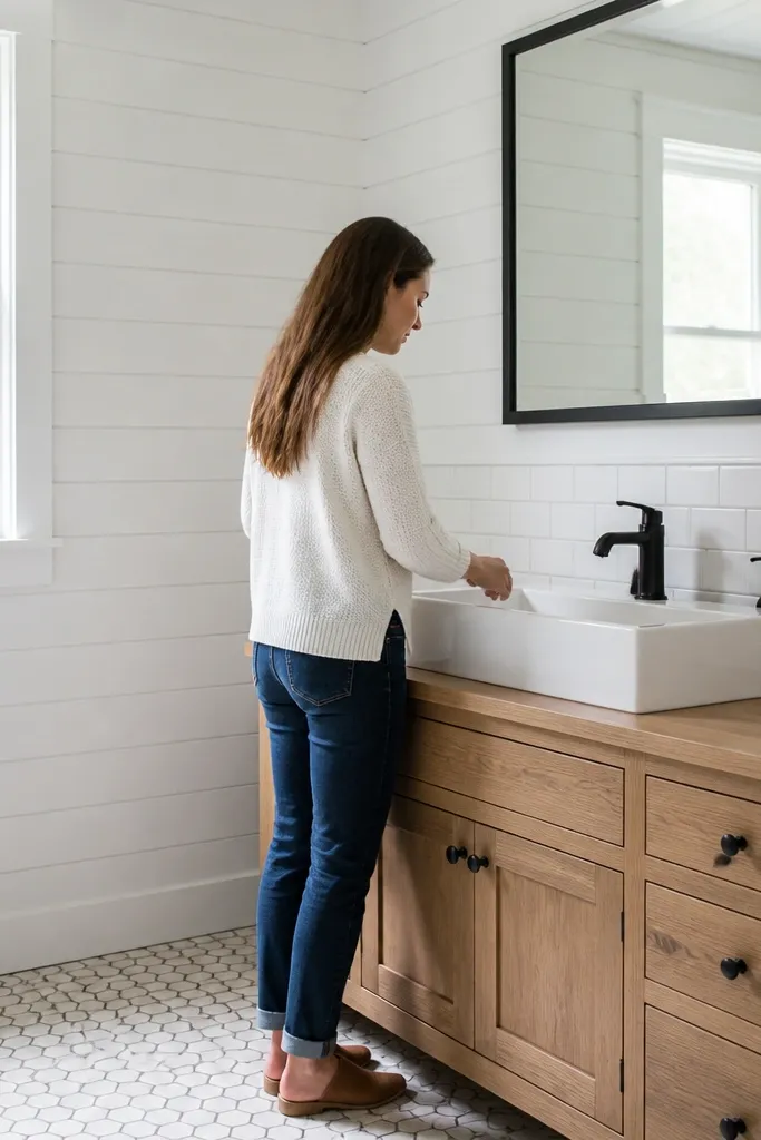 White shiplap walls, a light wood vanity, black farmhouse mirror, and subway tile floor