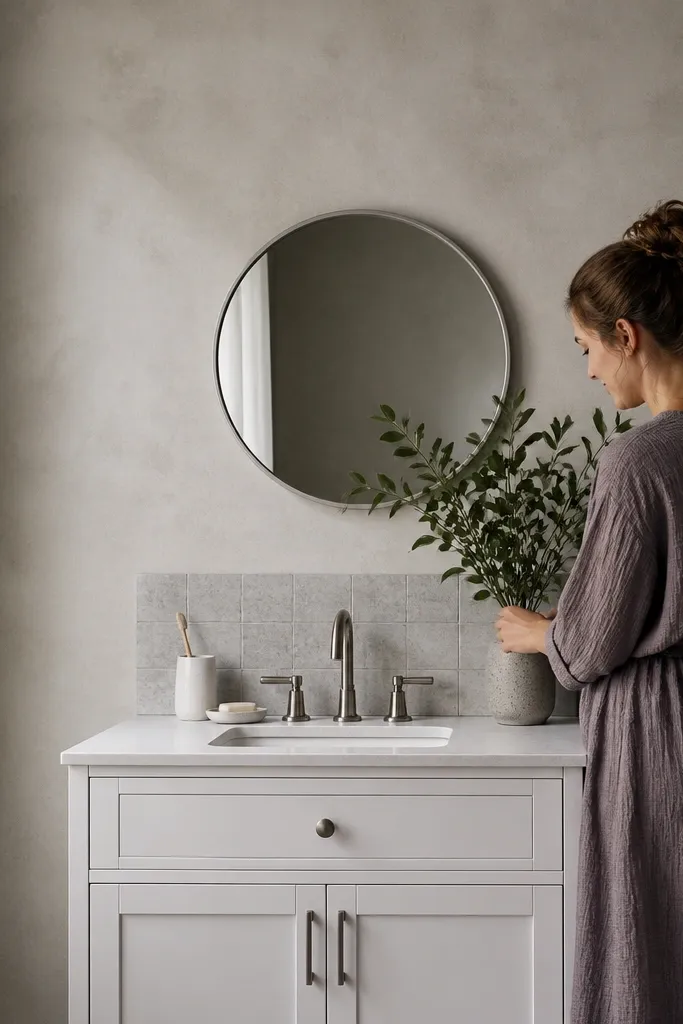 Matte plaster-texture walls in warm taupe with a white vanity and brushed nickel mirror