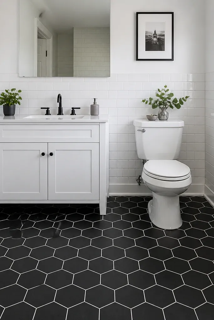 Black hexagon floor tile with white subway wall tile and a white vanity