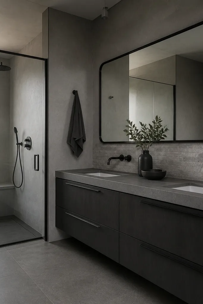 Concrete gray wall paint, dark gray vanity, and a rectangular mirror with black frame