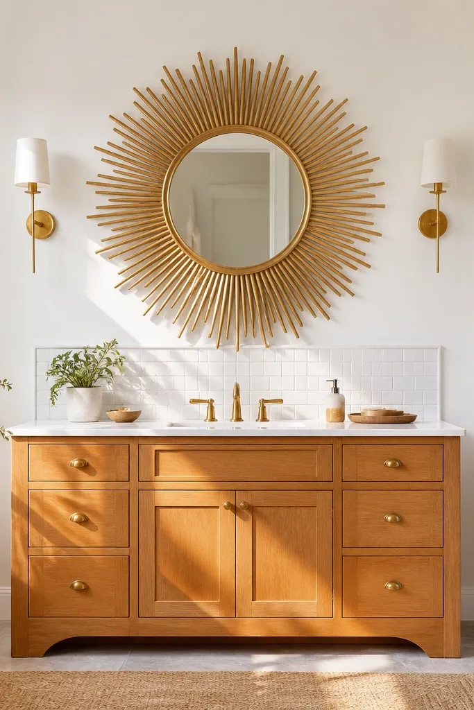 Honey wood vanity, white walls, sunburst mirror, and warm brass faucet