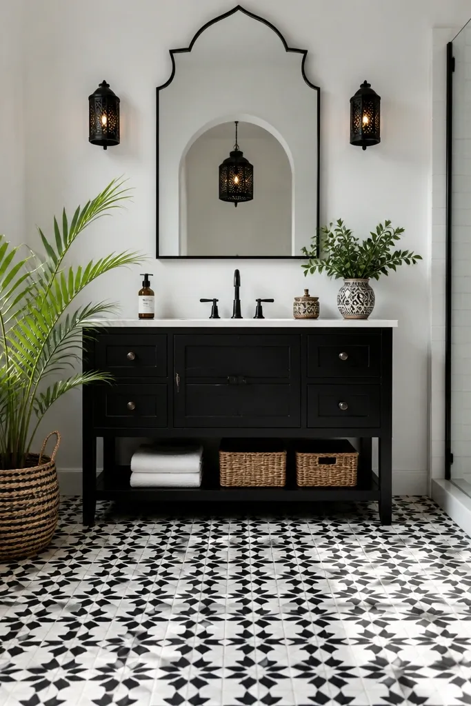Black-and-white Moroccan tile floor, white walls, black vanity, and a geometric mirror