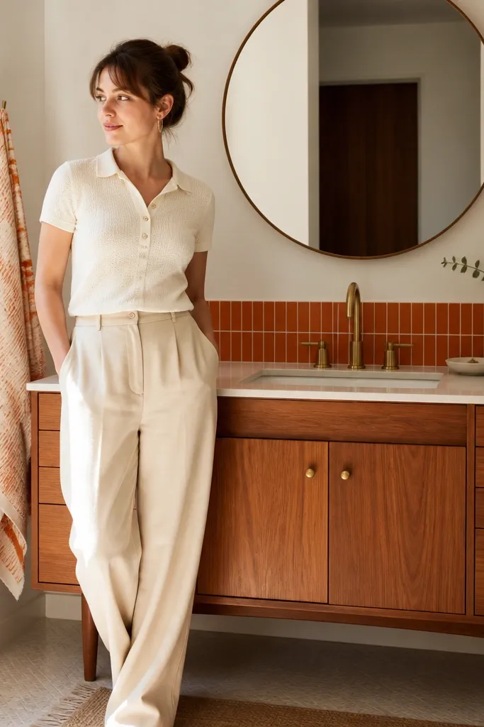 Teak-look vanity, warm white walls, orange accent tile backsplash, and a round mirror