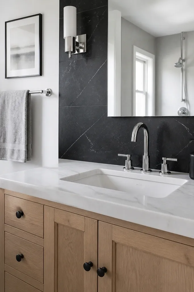 Black marble-look backsplash, white vanity, chrome faucet, and a frameless mirror