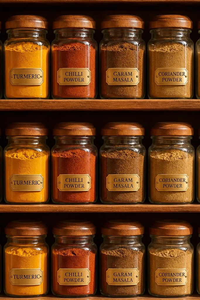 White jars with brass labels on tiered shelves in warm tones