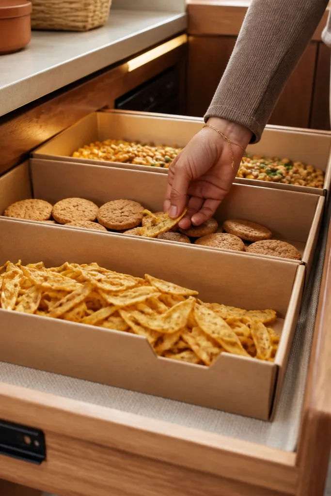 Kraft paper bins inside a drawer with terracotta spice jars nearby