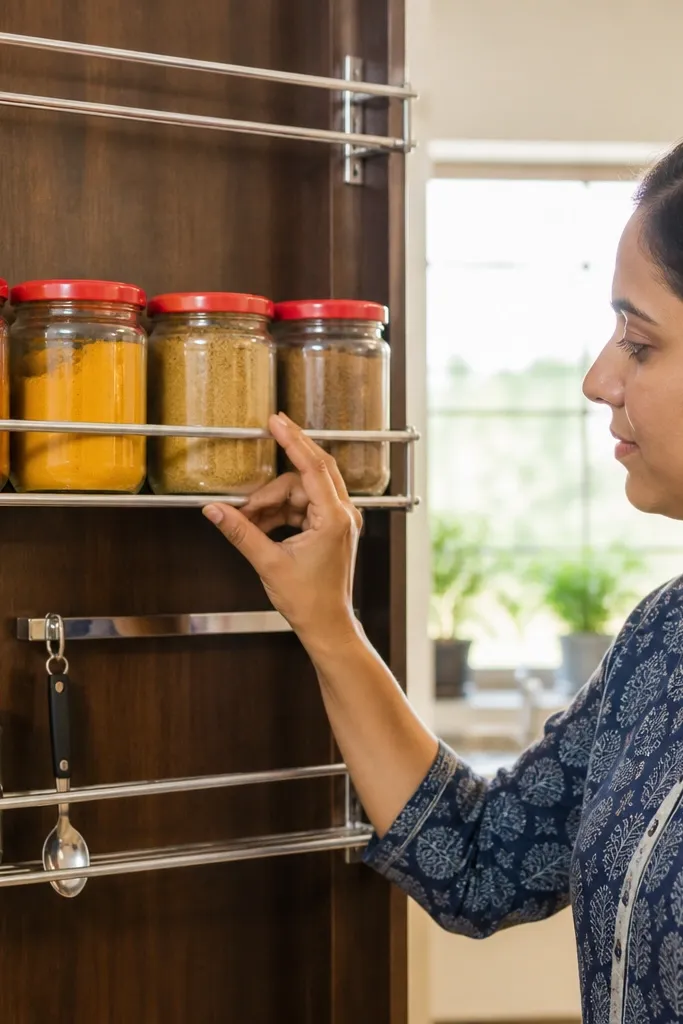 Door-mounted rack holding red-lidded jars and utensils on a pantry door