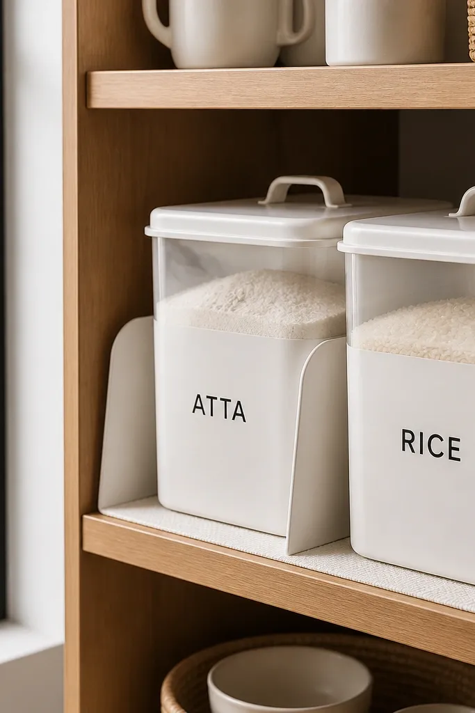 Tall white jars labeled atta and rice separated by dividers on a shelf