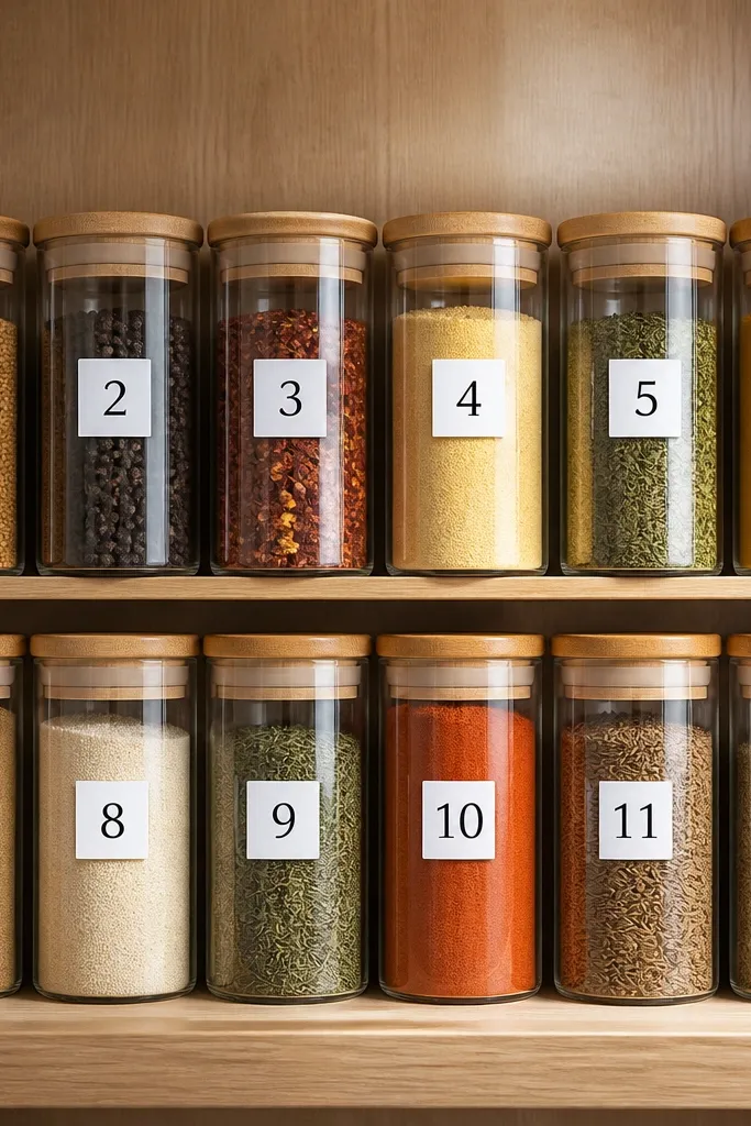 Grid labels with numbers on spice jars arranged in order on shelves