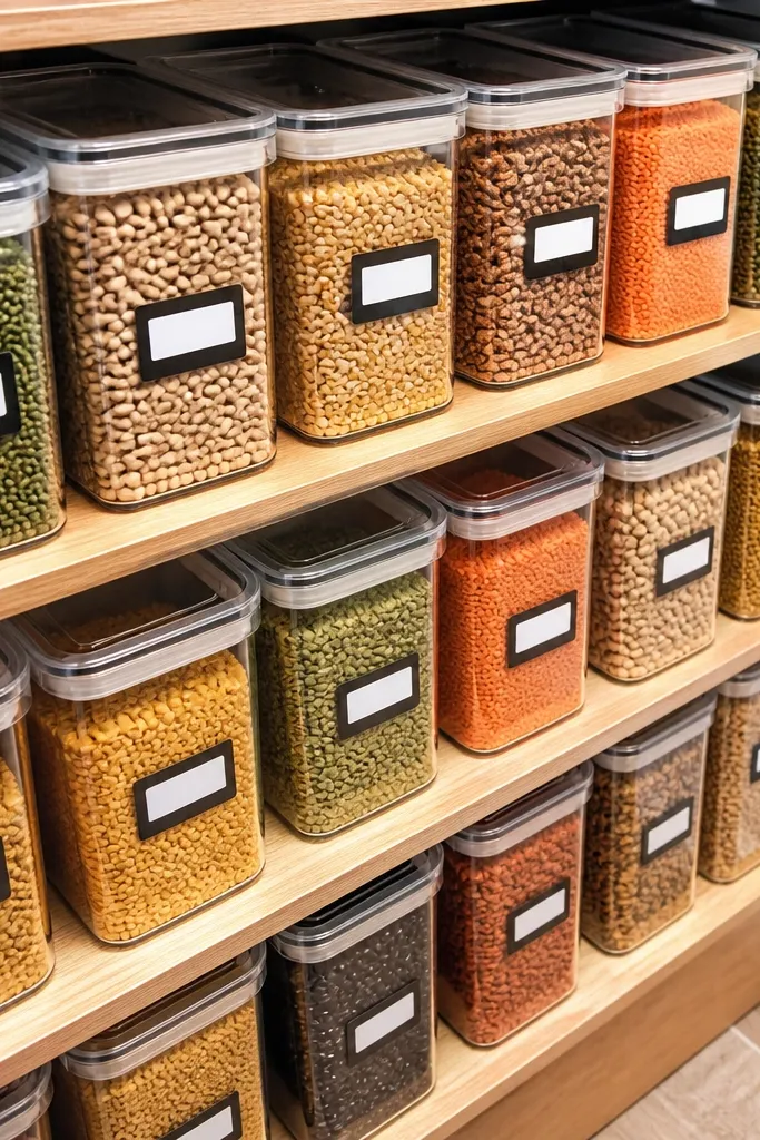 Clear containers stacked neatly with labels for lentils and beans