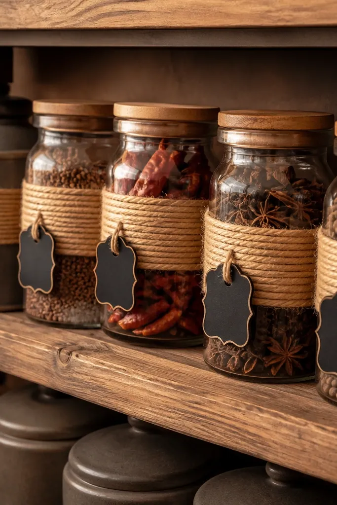 Spice canisters tied with jute and chalkboard-style labels
