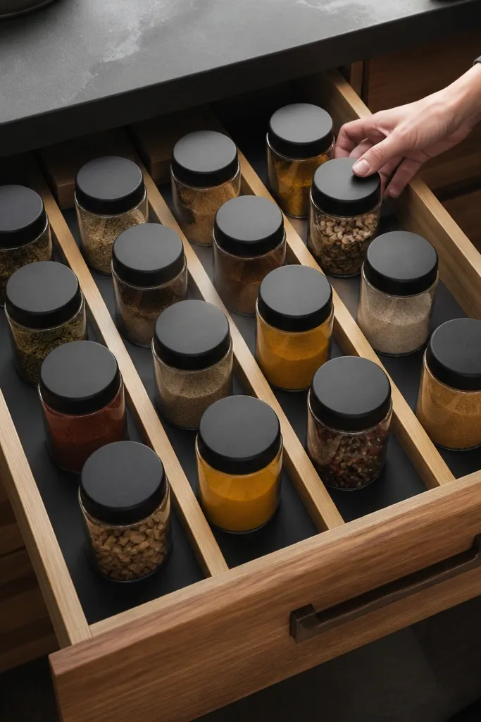 A drawer with bamboo dividers holding black-lid spice jars