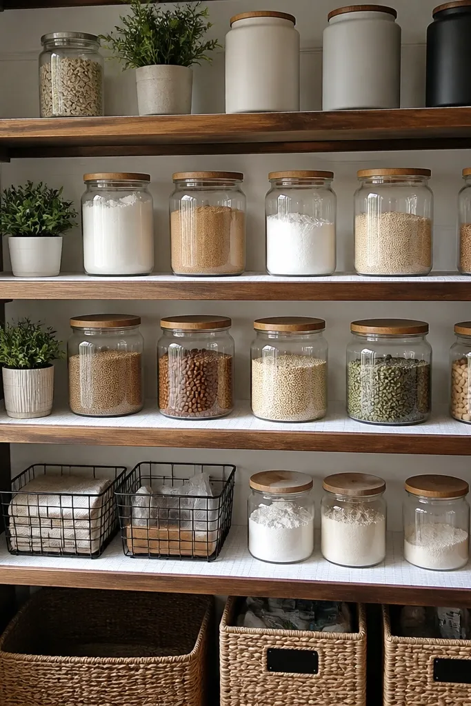 White tile-pattern shelf liner under neatly lined spice jars