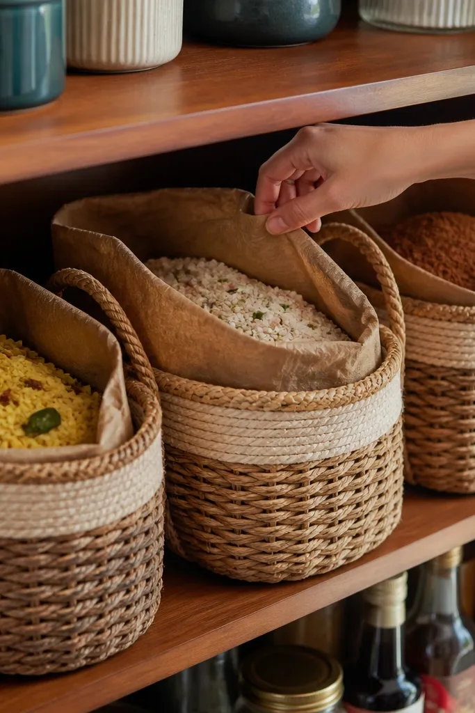 Woven baskets with rope handles holding snack packs and dry mixes