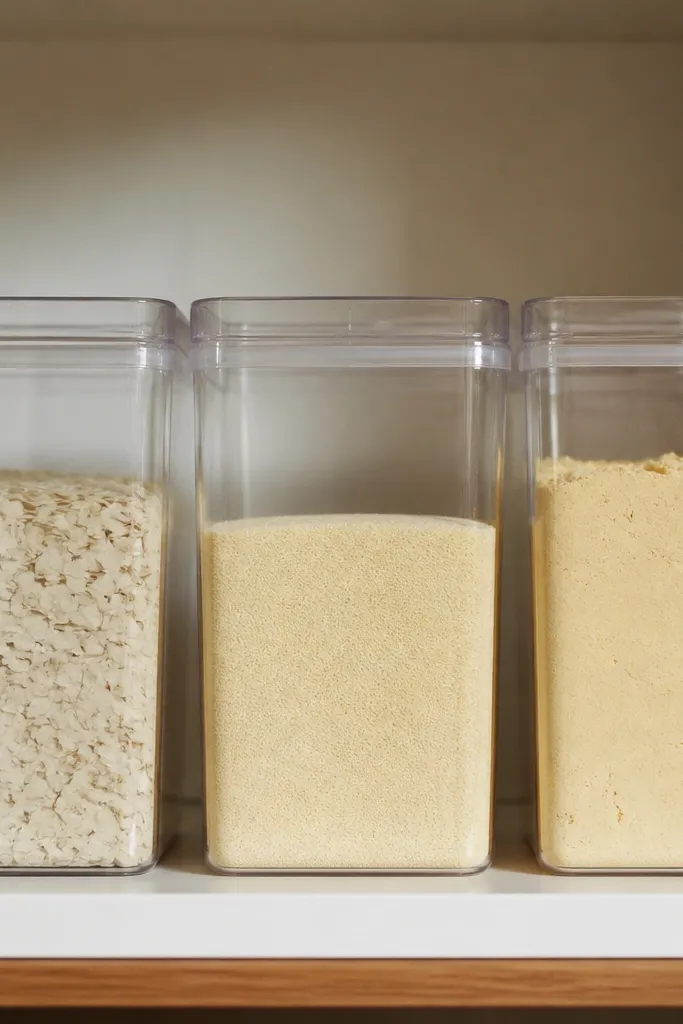 Clear bins with clear lids labeled for poha, suji, and chana flour