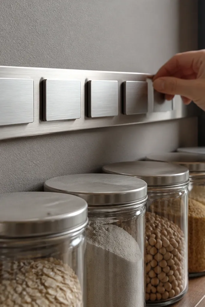 Spice jars aligned on a metal rail with magnetic labels