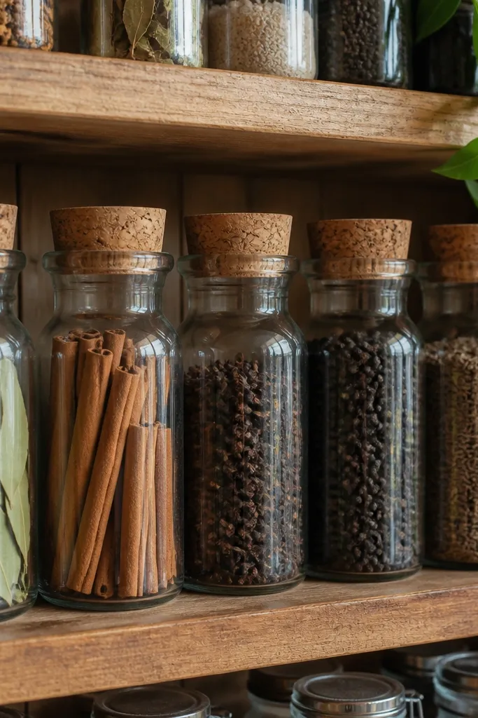 Glass bottles with cork tops holding whole spices on a shelf