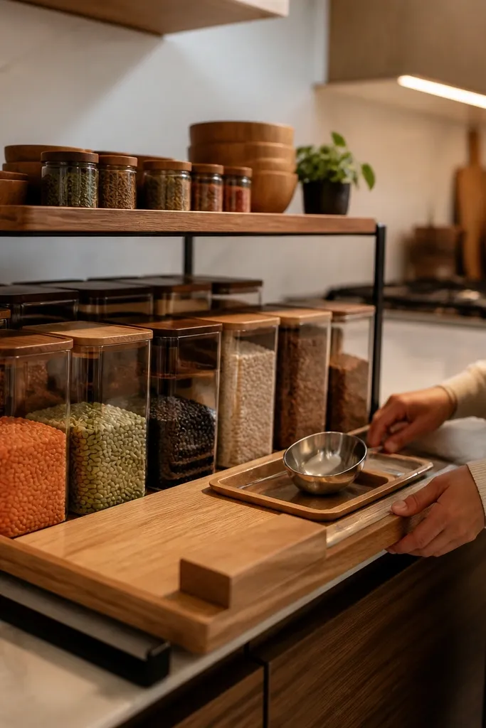 Two-level shelf with lentil containers and a small spoon shelf in front