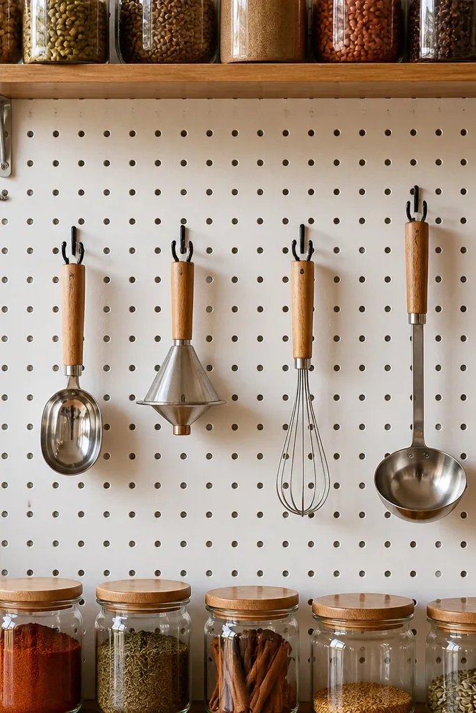 Pegboard inside pantry with hooks holding ladles and labeled tool tags