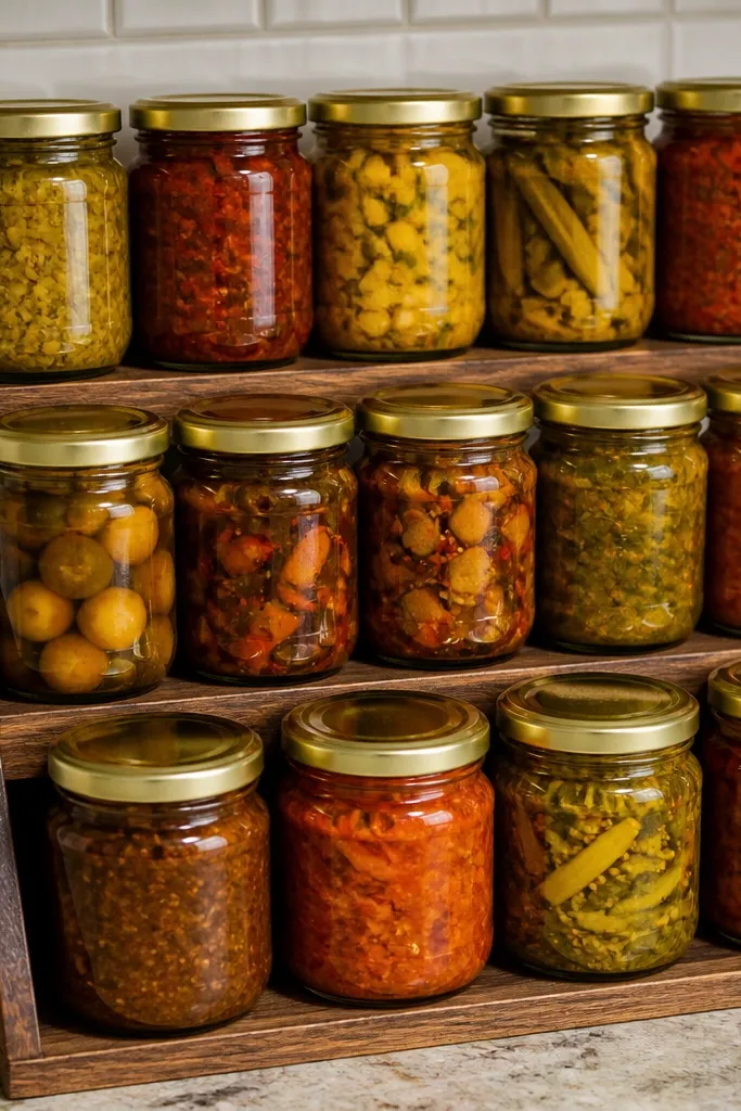 Tiered shelf with jars of pickles and chutneys labeled on the front