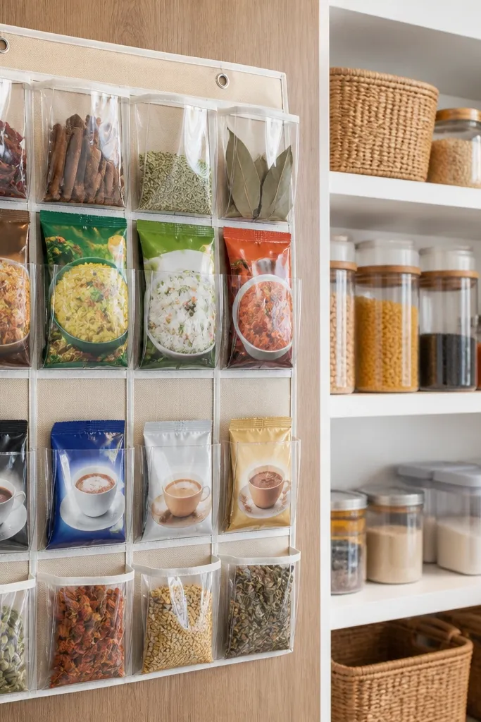 Wall pocket organizer holding sealed spice packets in neat rows