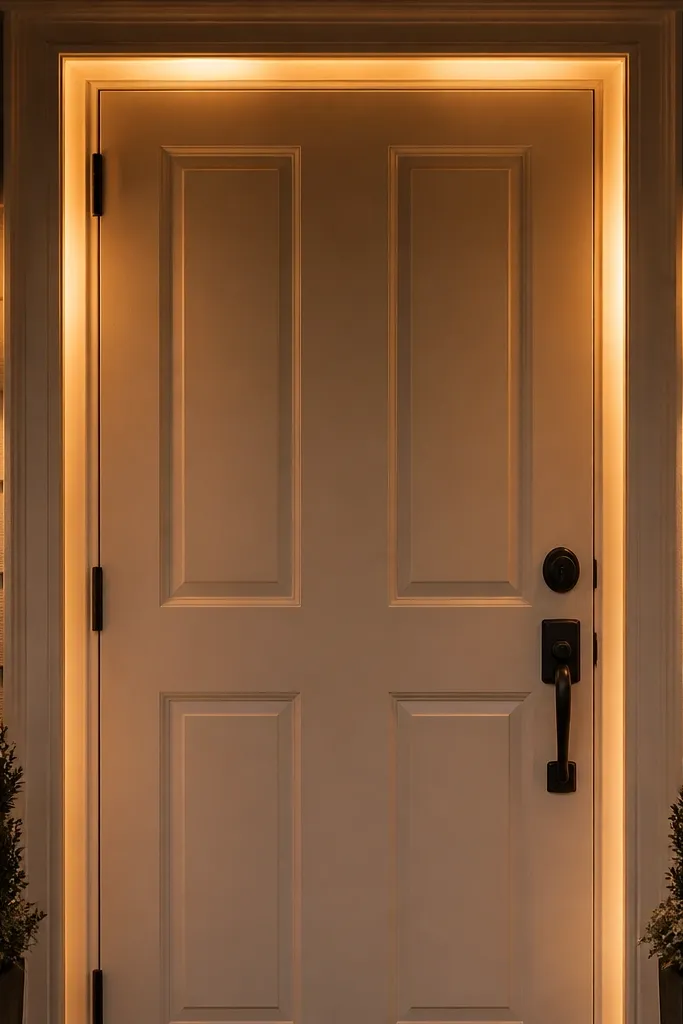 Brown front door with warm lantern-style lights on each side of the frame