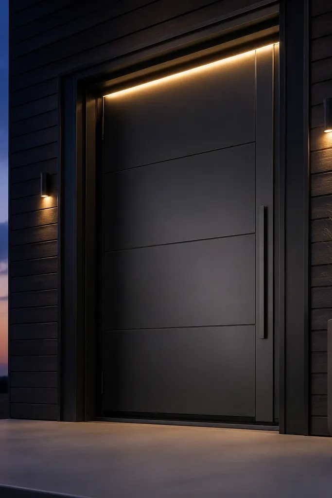 Matte black door with a thin light strip across the top and two small side lights