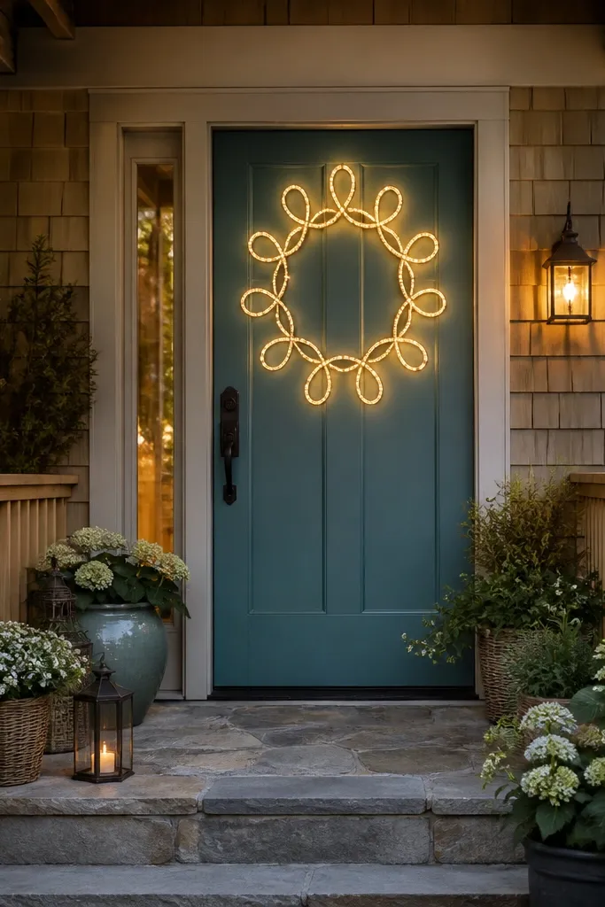 Teal front door with white rope lights outlining a simple door wreath shape