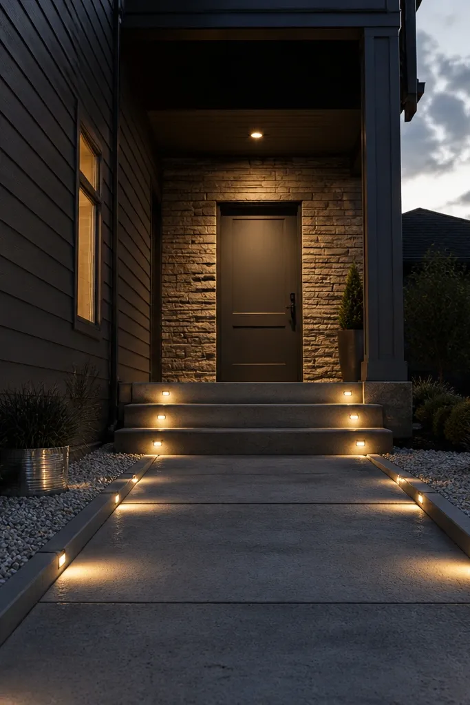 Gray front door with recessed step lights along the walkway leading to the frame