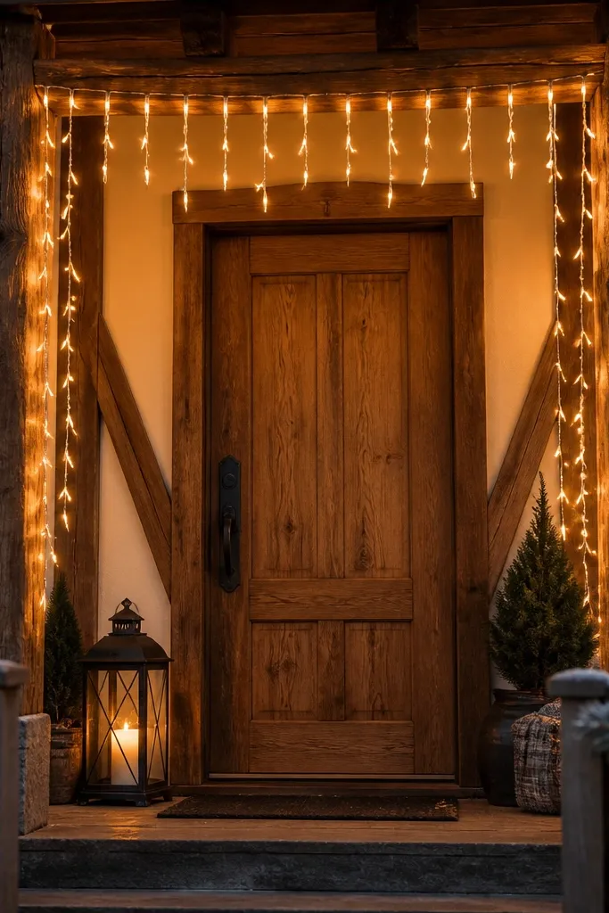 Wood front door with warm icicle lights hanging in a neat border above the door