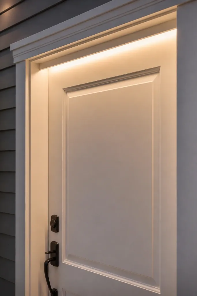 White front door with hidden light glow along the trim edges
