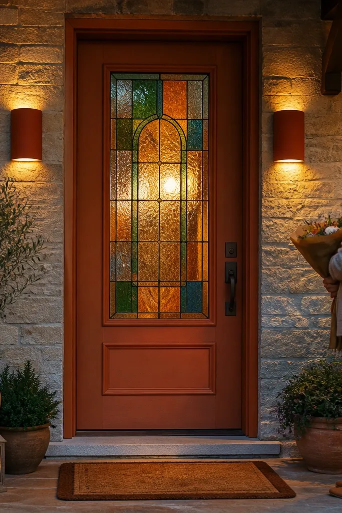 Terracotta front door with warm lights beside faux sconces and small stained-glass accents