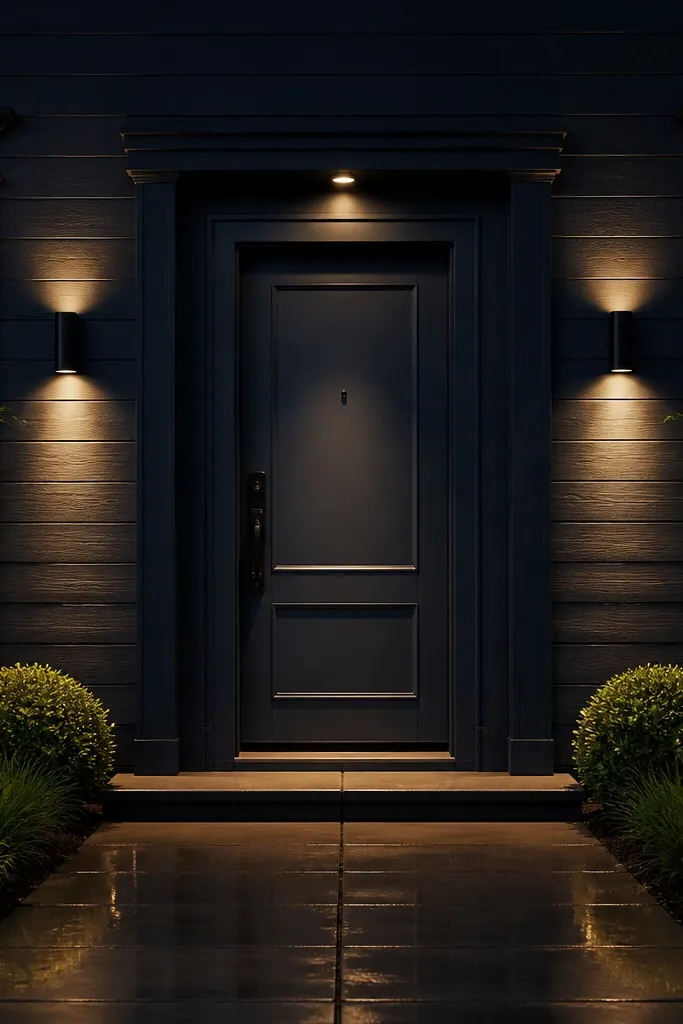 Navy front door with two wall wash lights on the sides and one centered light above