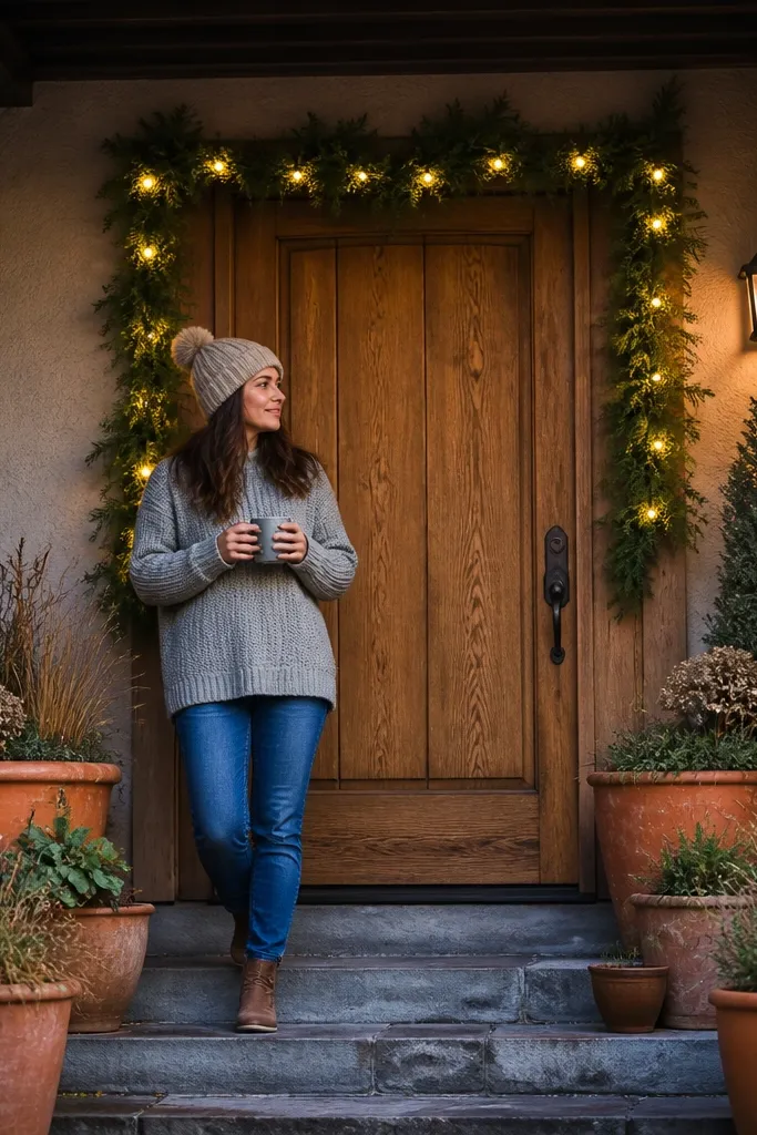 Golden oak door with warm white string lights clipped along a greenery frame